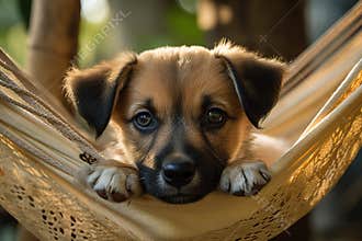 Cute puppy lying in a hammock in the summer garden.