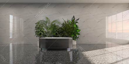 Podium with plants 3d render, 3d illustration beauty leaves botanical eco abstract