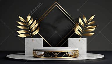 Luxury white Marble podium and golden leaves decoration for your product display.