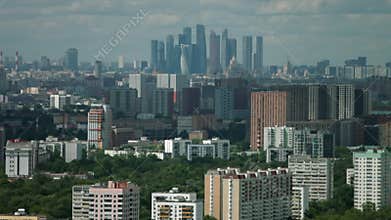 Russia, Moscow, landscape of modern city taken from a drone flying over city. Modern high-rise buildings in city