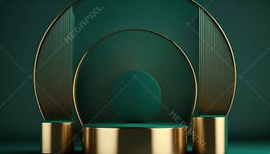 3d Round pedestals green cylinder gold decor podium for your product presentation.