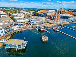 Skyline of Cardiff bay and Mermaid Quay in Wales, UK