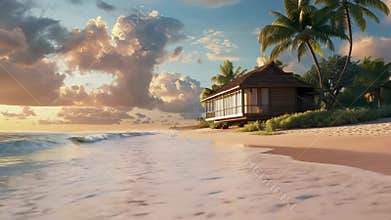 Tropical Beach Sunset with Palm Trees and Wooden Bungalow for Idyllic Resort and Travel Themes
