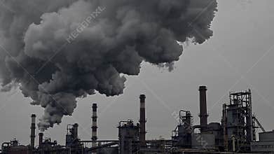 Large industrial chimneys releasing dense, dark smoke into the atmosphere, creating a significant visual representation of