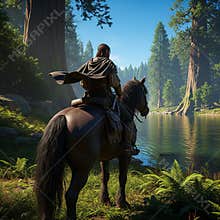 An AI generated image of a solitary medieval fantasy traveller riding a horse in forested wilderness