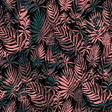 Dark seamless pattern with wine silhouettes of tropical leaves.