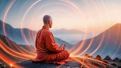 Buddhist monk meditating on the mountain at dawn. Spiritual contemplation with breathtaking scenery. Concept of Buddhism, prayer