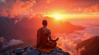 Buddhist monk meditating on the mountain at dawn. Spiritual contemplation with breathtaking scenery. Concept of Buddhism, prayer