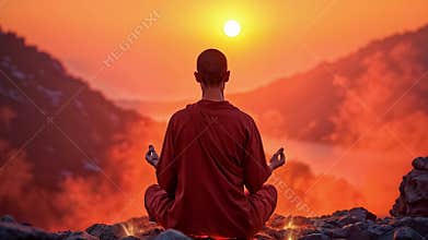 Buddhist monk meditating on the mountain at dawn. Spiritual contemplation with breathtaking scenery. Concept of Buddhism, prayer