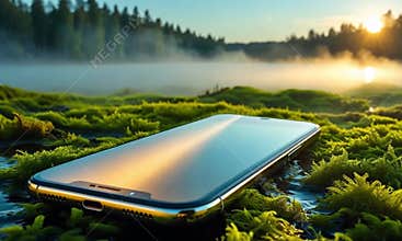 A modern smartphone lost in a foggy swamp, the glow of sunrise in the atmosphere of an enchanted forest.
