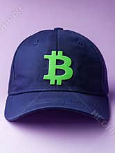 Baseball cap with green bitcoin logo on purple background.