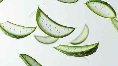 Floating aloe vera slices on a light background, slow motion