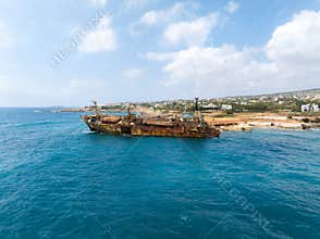 Aerial View of Edro III Shipwreck Near Rocky Coastline in Cyprus