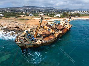 Aerial View of Edro III Shipwreck Surrounded by Mediterranean Waters