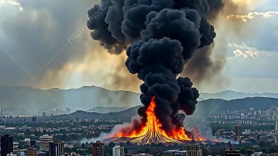 A sweeping perspective reveals the dense urban landscape consumed by an inferno. Roiling clouds of smoke, Generative AI