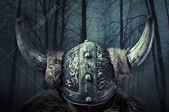Helmet, Viking warrior, male dressed in Barbarian style with sword, bearded