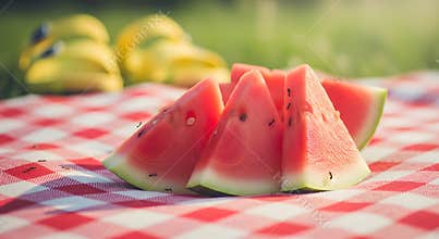 Watermelon Slices on Checkered Blanket with Ants, Picnic in Sunny Outdoor Setting