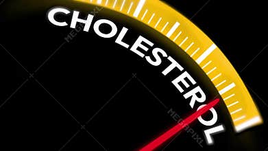 Cholesterol level speedometer in yellow color showing needle at the maximum point, background design
