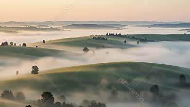 Foggy Rolling Green Hills at Sunrise in Rural Area Landscape View