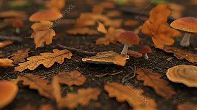 Detailed Macro Shot of Forest Floor with Mushrooms and Autumnal Leaves