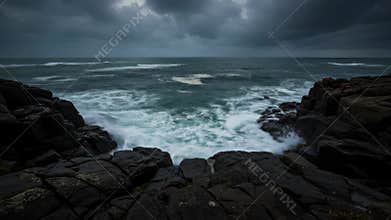 Dramatic Ocean Waves Crashing on Rocks Under Stormy Dark Sky Seascape View