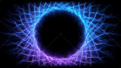 Abstract Glowing Round Frame with Electric Purple and Blue Lightning on Black