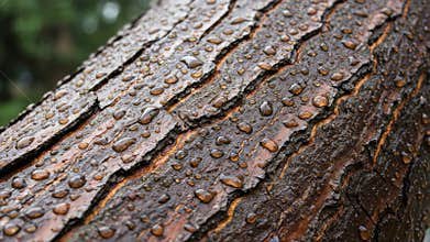 Close Up of a Tree Trunk Covered in Raindrops Under a Soft Overcast Sky