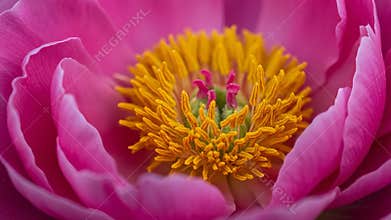 Detailed Pink Peony Blossom with Yellow Center Petals and Soft Texture Close-up