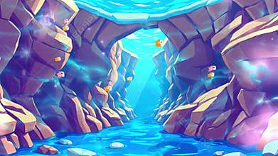 Arched Canyon Under the Ocean: A Glowing Cartoon Seascape with Orange Cliffs