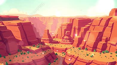 Desert Dreamscape: Canyon Vista with Distant Rock Formations and Cacti