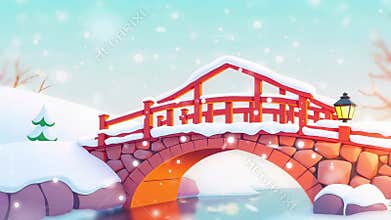 Illuminated Winter Gateway: A Cartoon Bridge Adorned with Lights, Arched Over Snowy Plains