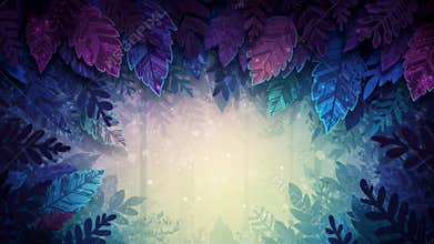 Whimsical Forest Scene with Purple and Blue Leaves and Soft Glowing Light