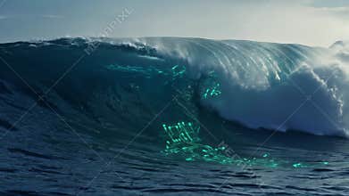 Aqua Blue Ocean Waves Crashing with Artificial Lights and Dark Tones