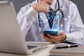 Futuristic AI assistant for online medical consultation and healthcare analytics. Artificial intelligence healthcare enhancing