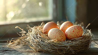 Rustic Wooden Table with Three Eggs in Nest - Natural Home Decor