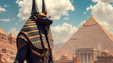 Ancient Egyptian Anubis statue with jackal head, adorned in gold and blue ceremonial headdress. Mystical and regal figure