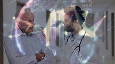 Doctor pointing at tablet in medical clinic while calming patient, showing rotating network globe