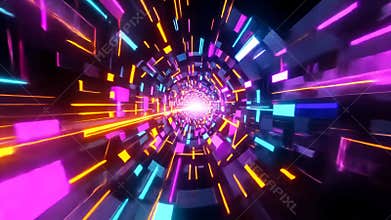 Animated Geometric Tunnel with Vibrant Neon Lights Glowing Bright Effect for VJ Loop Backgrounds and Modern Visual Effects With
