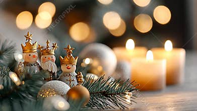 Three wise men figurines in festive setting with holiday lights and snow