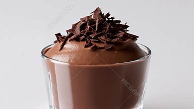 Chocolate Mousse in Clear Glass Garnished with Chocolate Shavings Against White Background