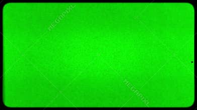 Retro CRT television screen with rounded corners on a green background for chroma keying. Includes vintage film grain