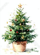A stunning fir tree watercolor illustration, hand-drawn. Isolated winter Christmas tree clipart.