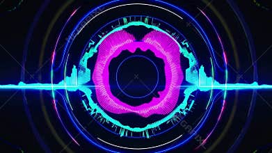 Colorful audio spectrum glow on black background forming a circle with light trails representing sound waves creating a futuristic