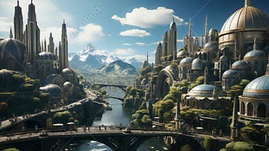 Futuristic Cityscape with River and Mountains with Camera Move Forward Ai Generative