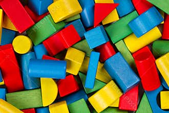 Toys blocks, multicolor wooden building bricks, heap of colorful