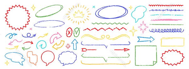 Cute Crayon Pencil Emphasis Squiggles Vector Set. Chalk Scribble Graffiti Arrows Frames Speech Bubbles Underlines. Hand Drawn