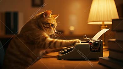 Feline Author - 4K Orange Tabby at Vintage Typewriter for Book Lovers & Whimsical Pet Art