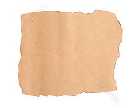 Old kraft paper with dark burnt borders isolated on white, top view