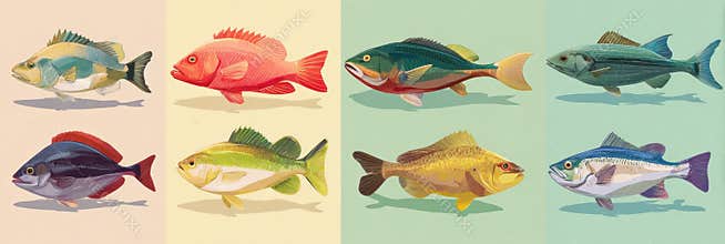 Collection of Clean Illustrations of Various Fish Species on Soft Pastel Backgrounds, Showcasing Vibrant Colors and