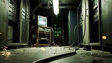 Abandoned computer room with vintage equipment and sparking wires in a dimly lit basement